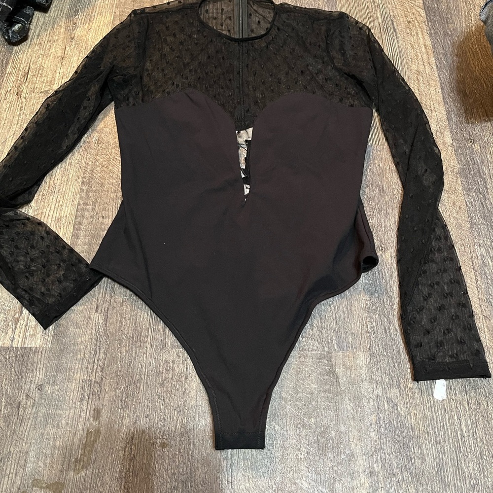Fleur Du Mal Black Mesh Sleeve Bodysuit size med